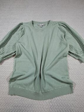 Puff-Sleeve Crew Sweater in Sage Green